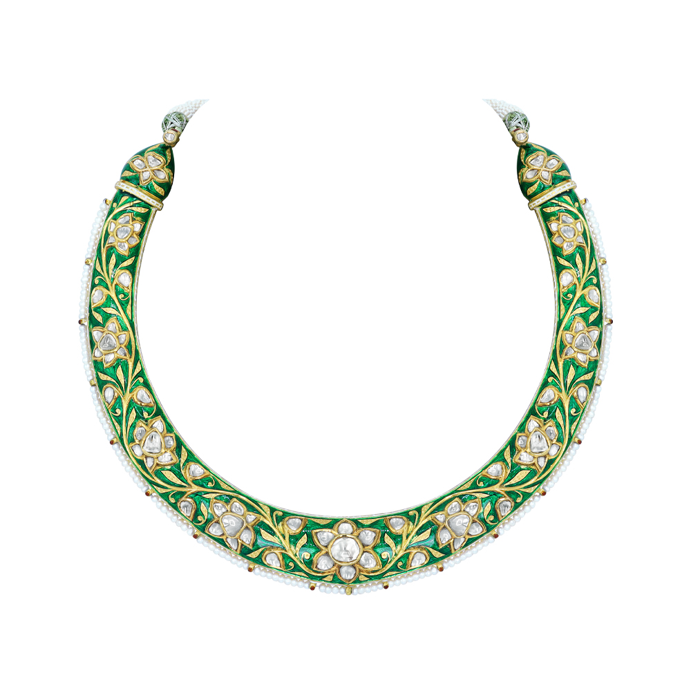 Green Enamel Hasli with Polki Diamonds and Pearl Accents
